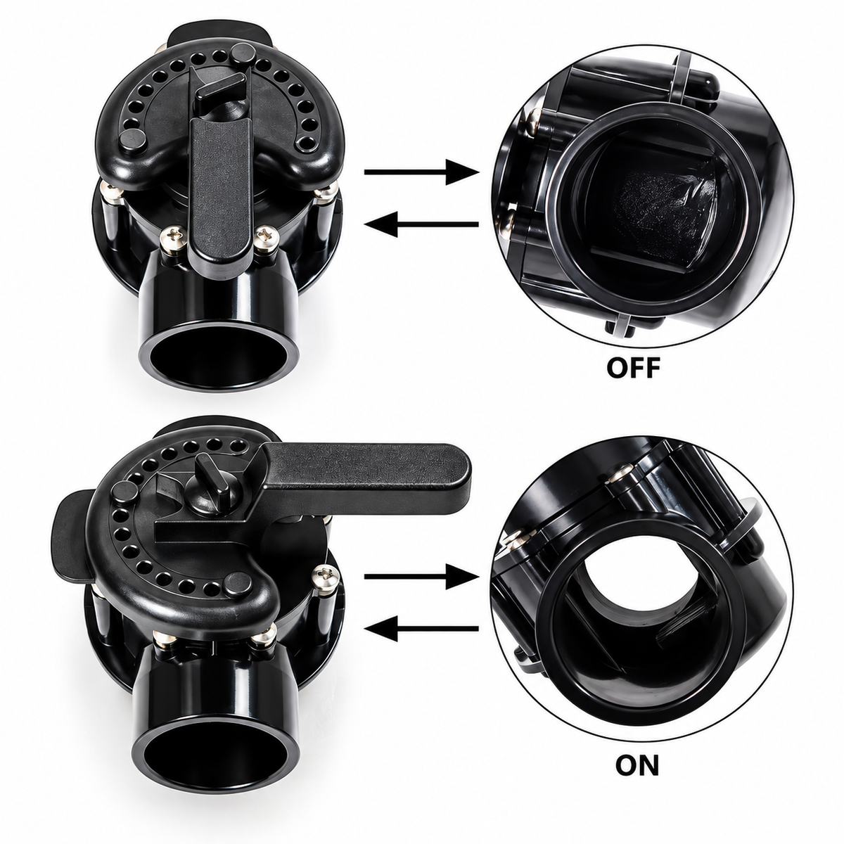 ON and OFF flow positions for 2-way valve compatible with Pentair 263029