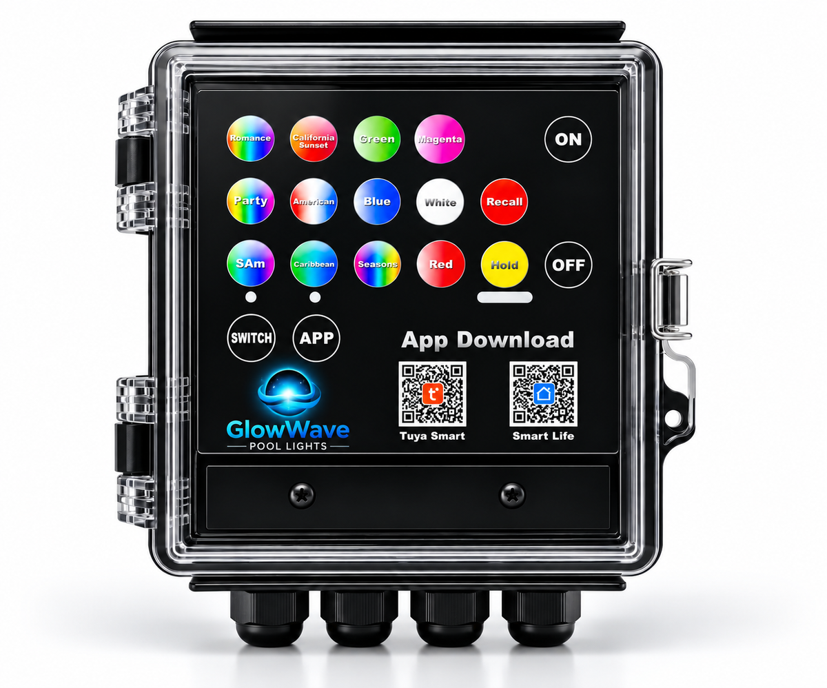GlowWave 300W smart WiFi RGB RGBW pool light controller with clear protective cover