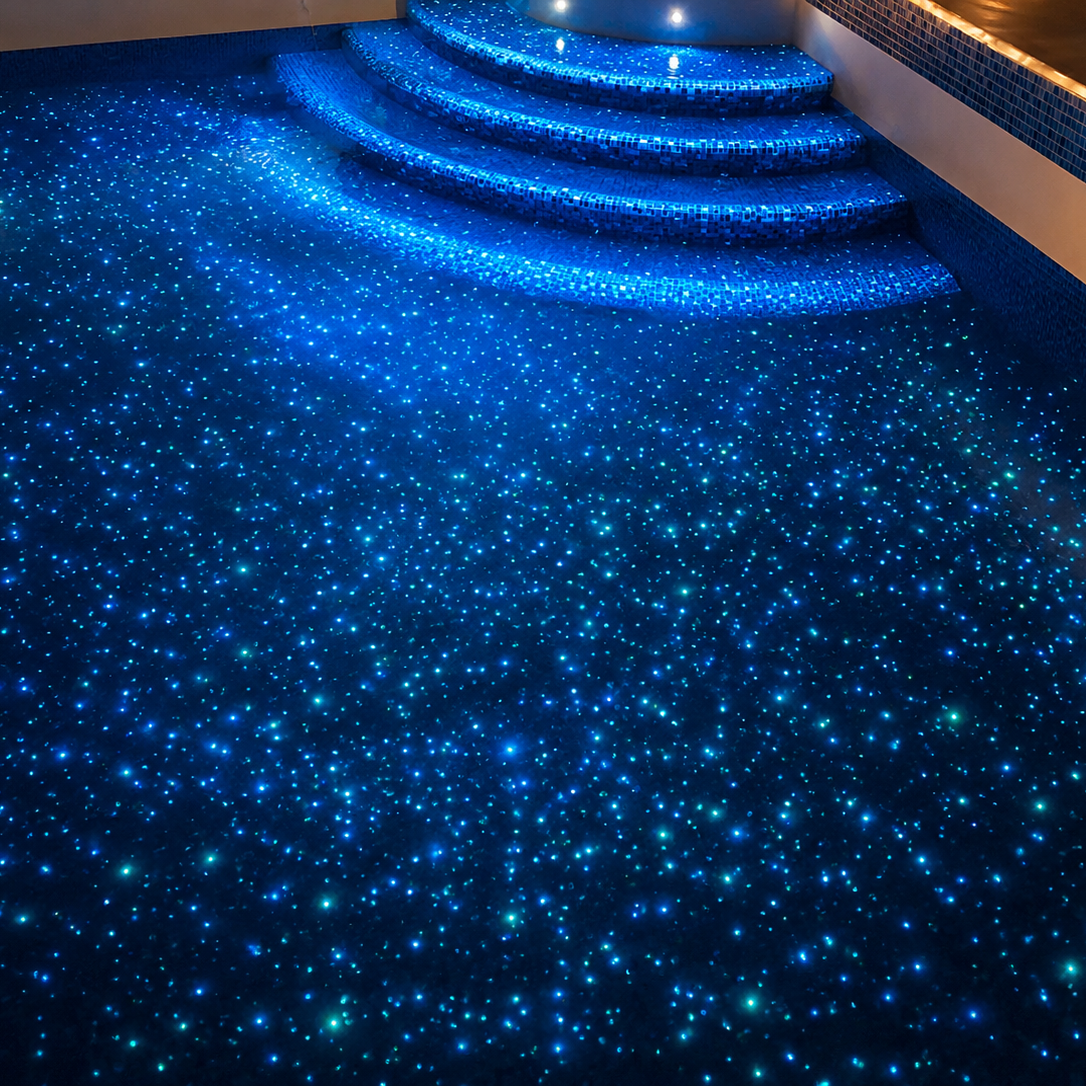 Swimming pool illuminated at night with glow-in-the-dark aggregate, creating a starry blue underwater effect across the pool floor and steps.