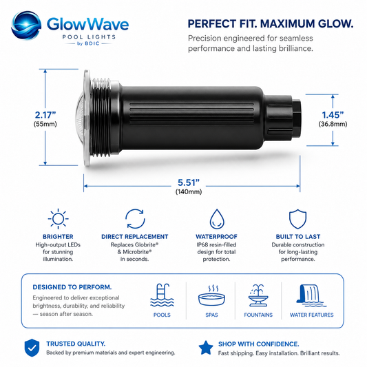 GlowWave LED pool light dimensions and specifications chart.