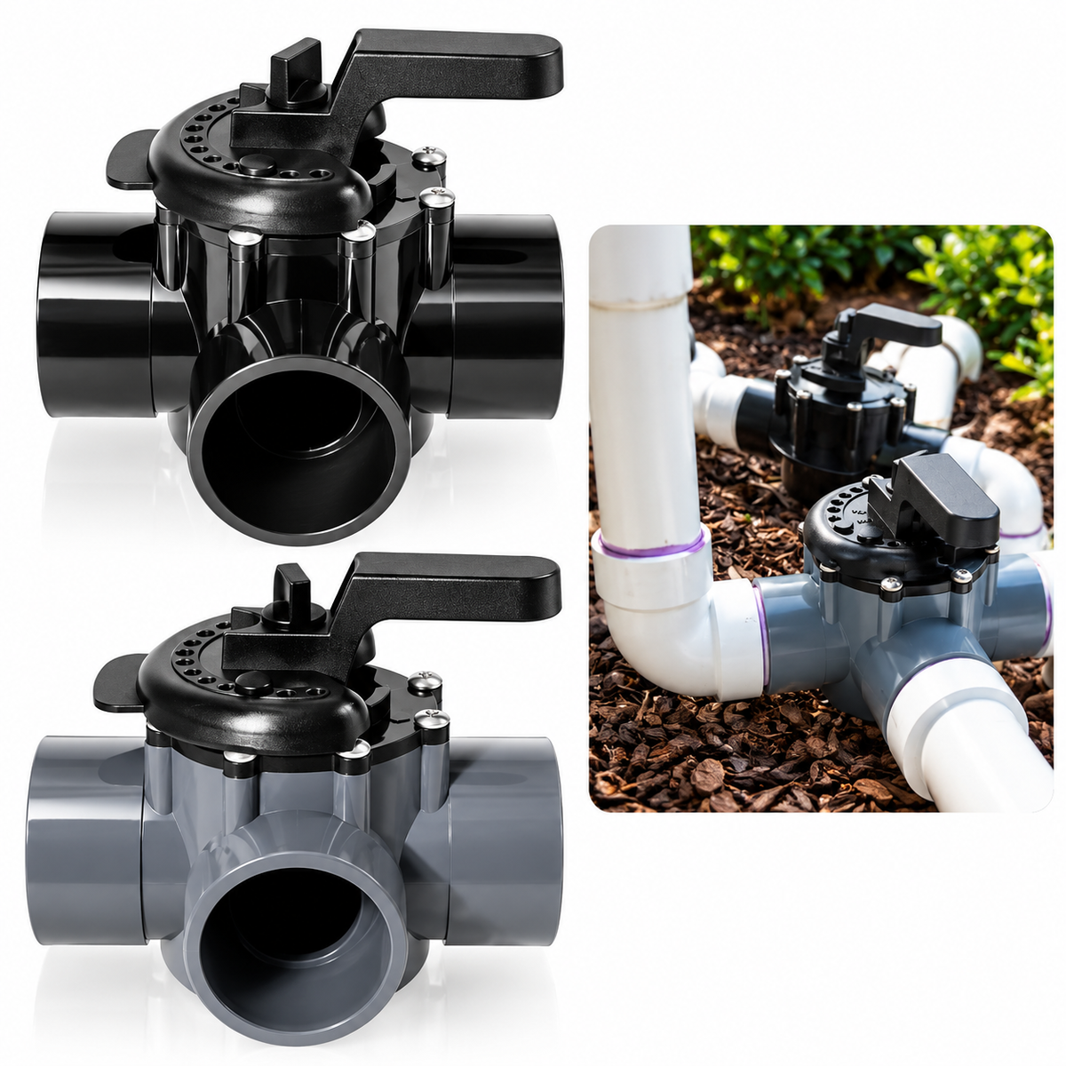 Three-quarter view of 3-way pool and spa diverter valve compatible with Pentair 263028