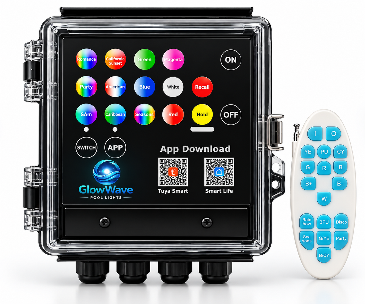 GlowWave smart pool light controller with wireless remote for RGB RGBW lighting modes