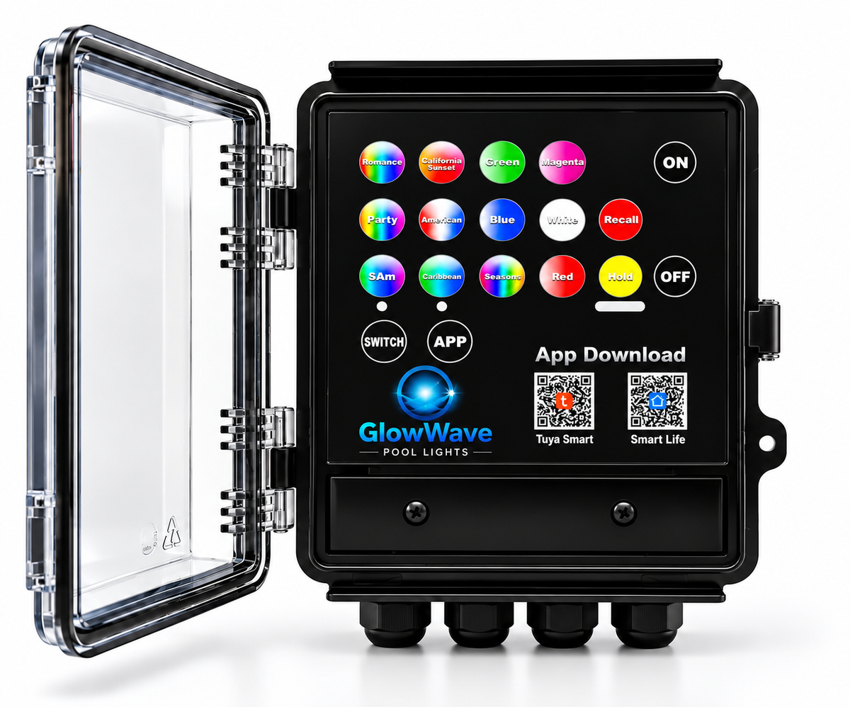 GlowWave RGB RGBW pool light controller with open protective cover and color control panel