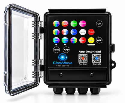 GlowWave RGB RGBW pool light controller with open protective cover and color control panel