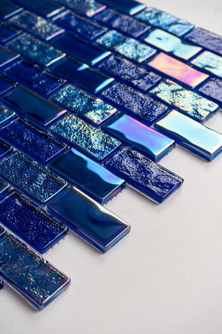Equinox Dark Blue decorative surface with glossy and textured iridescent blue pieces