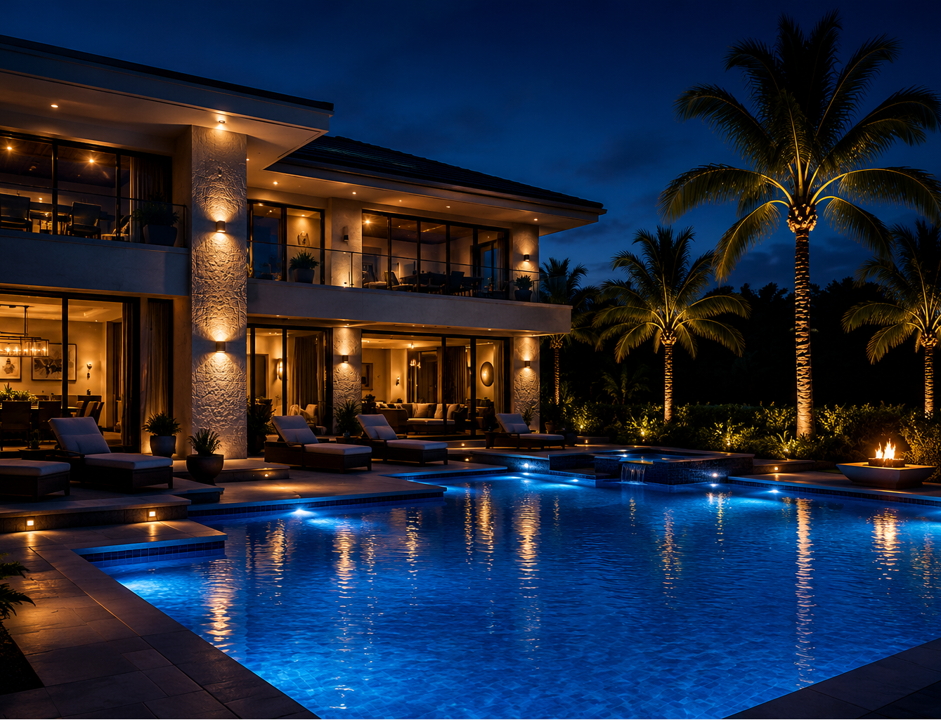 Luxury residential swimming pool illuminated at night with LED pool lighting, modern architecture, and premium outdoor living features