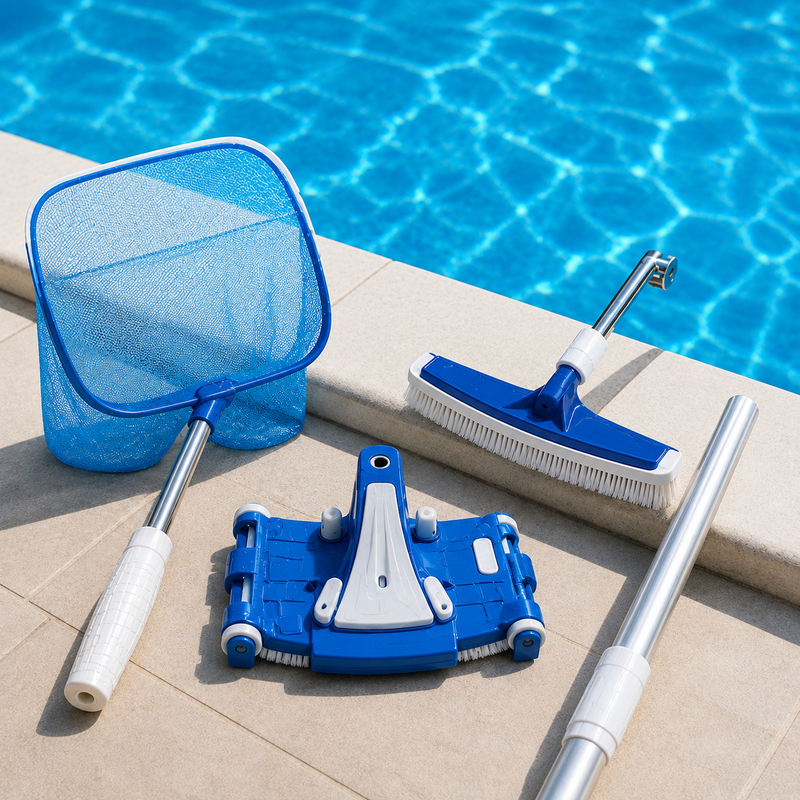 Pool cleaning accessories including a skimmer net, vacuum head, brush, and telescopic pole displayed beside a swimming pool