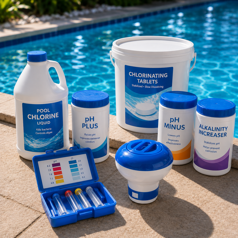 Pool water care products including chlorine, pH balancers, test kit, and floating dispenser displayed beside a swimming pool