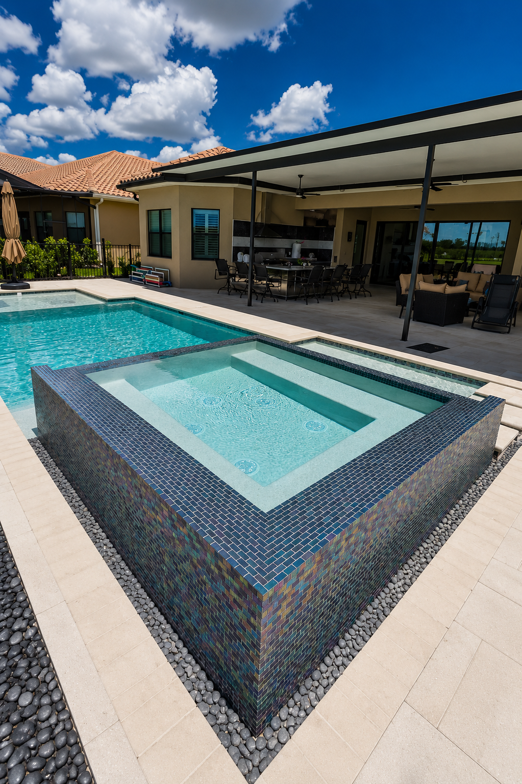 Luxury backyard pool and raised spa featuring Black Steel iridescent glass mosaic tile in a modern outdoor installation.