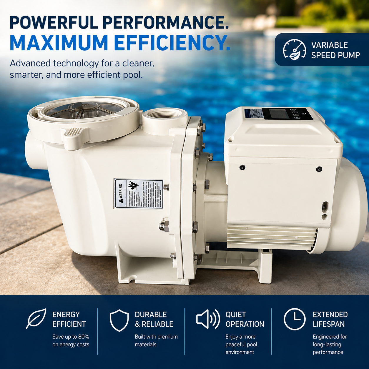 Energy-efficient variable-speed swimming pool pump with digital control panel and integrated strainer basket