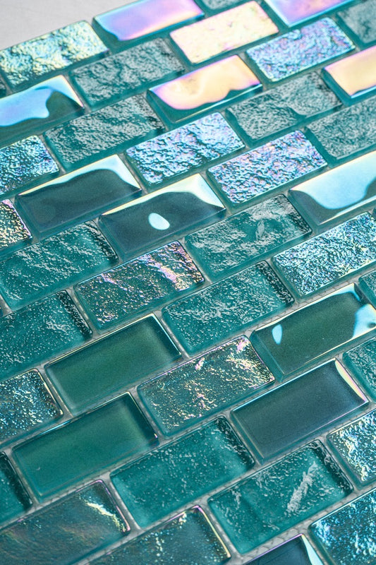 Equinox Icy Teal iridescent glass mosaic tile with teal, aqua and icy blue reflective tones