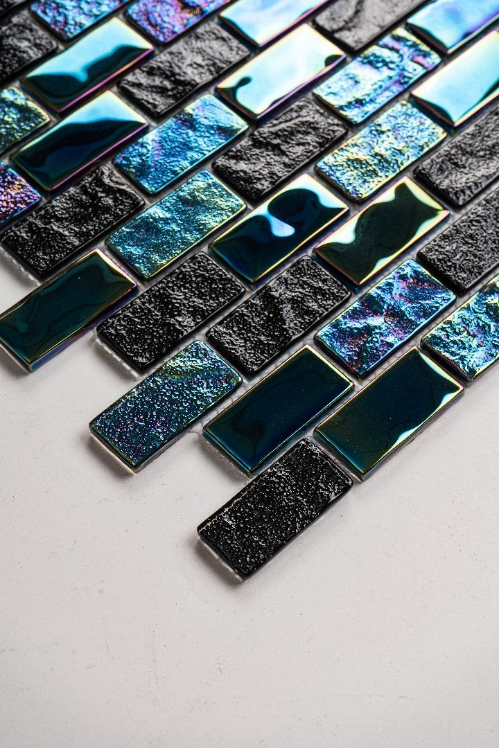 Equinox Multicolor EQX-AURORA iridescent glass mosaic tile with black, blue, turquoise and multicolor textured glass
