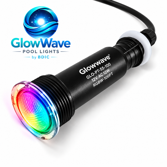 GlowWave RGBW 12V AC pool light with multicolor LED illumination and 100-foot cable.