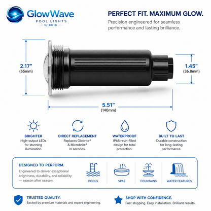 GlowWave LED pool light dimensions and specifications chart.