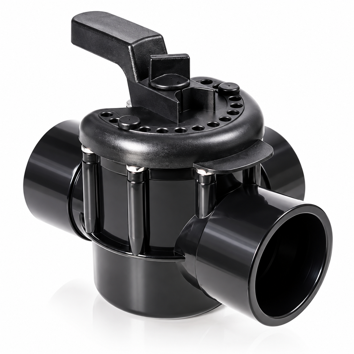 3-way pool valve compatible with Pentair 263028 shown in black and gray with installation example