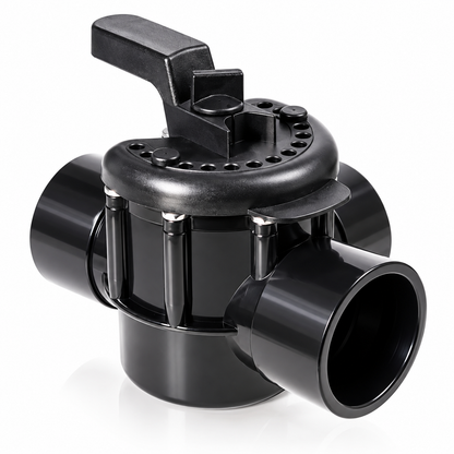3-way pool valve compatible with Pentair 263028 shown in black and gray with installation example