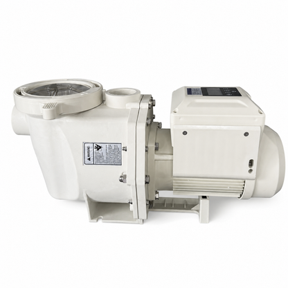 Side view of a white variable-speed swimming pool pump with integrated strainer basket and digital control panel